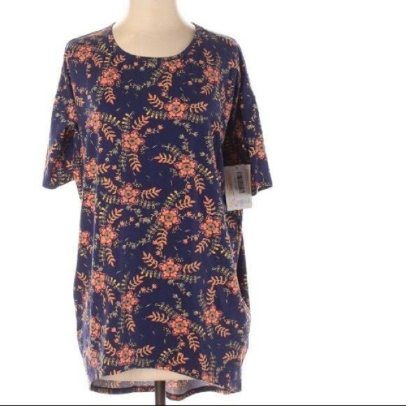 Lularoe Irma Short Sleeve T-Shirt Size XXS  Scoop neckline Floral Print Blue and - Picture 1 of 4